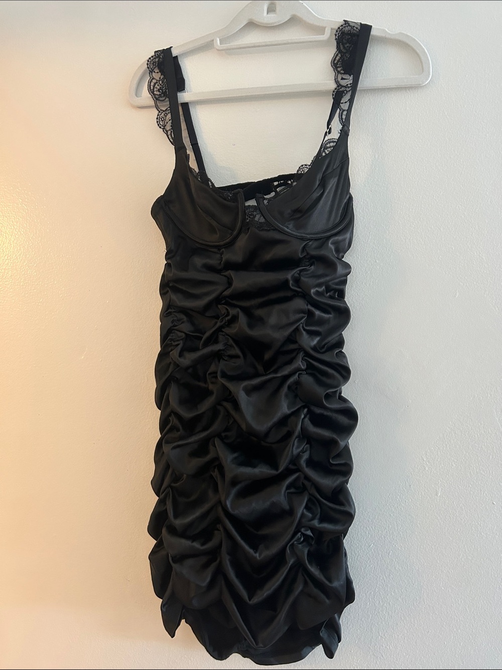 For Love And Lemons Black Ruched Satin Mini Dress